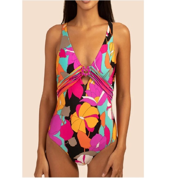 Trina Turk women’s GEMINI FLORAL Plunge One Piece Swimsuit Size 8 - Picture 3 of 8